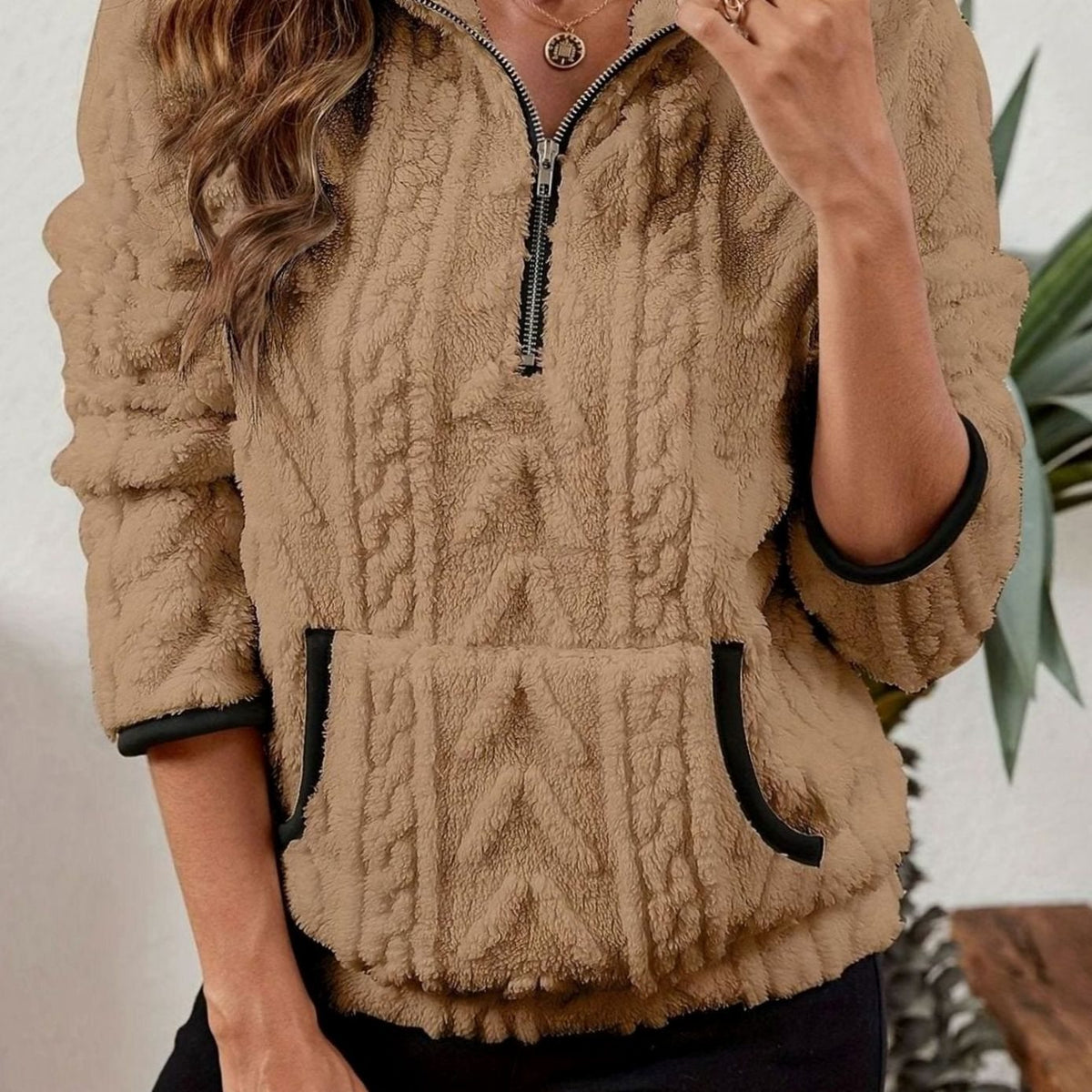 Women's Textured Fleece Half Zip Jumper with Kangaroo Pocket, Khaki, view 7