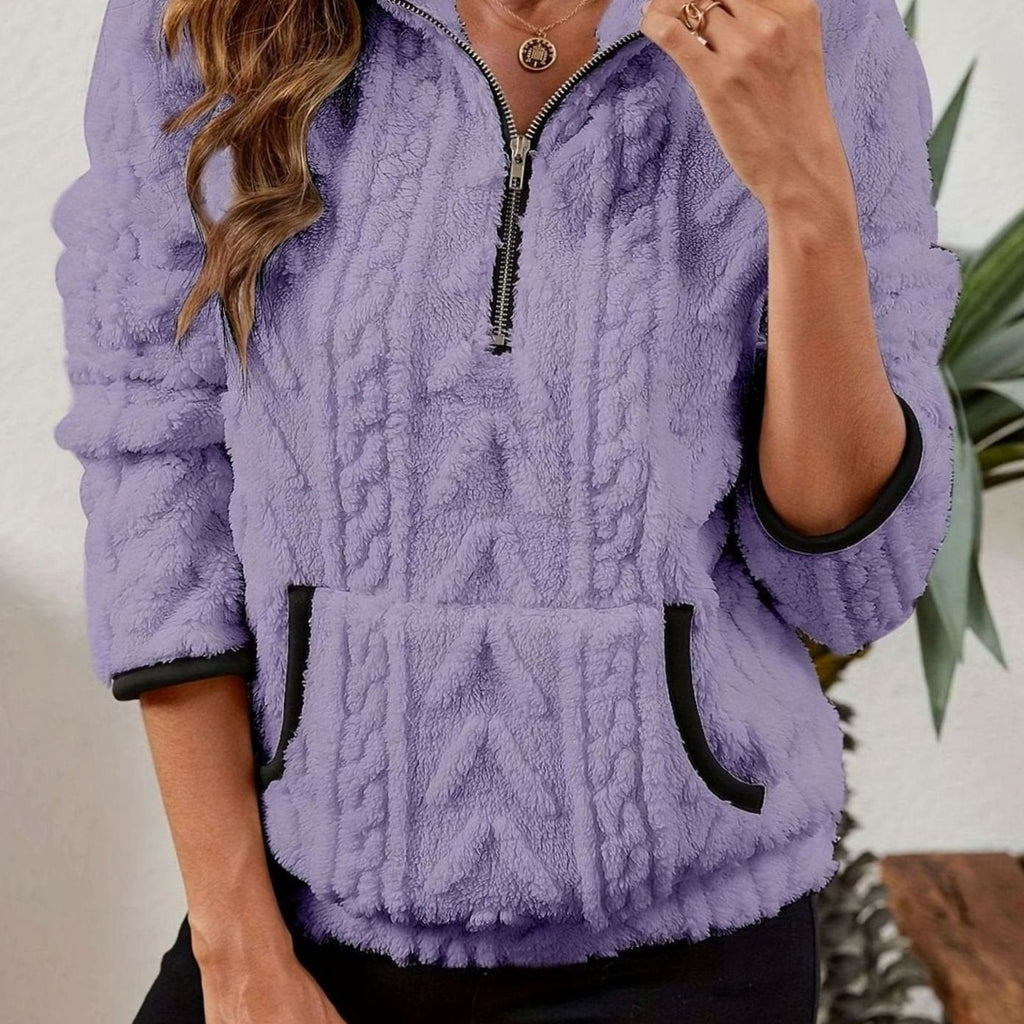 Women's Textured Fleece Half Zip Jumper with Kangaroo Pocket, Purple, view 8