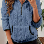 Women's Textured Fleece Half Zip Jumper with Kangaroo Pocket, Blue, view 10