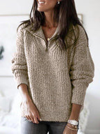 Women's Textured Jumper with Half-Zip Stand Collar, Khaki, view 3