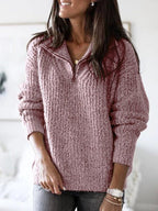 Women's Textured Jumper with Half-Zip Stand Collar, Pink, view 4