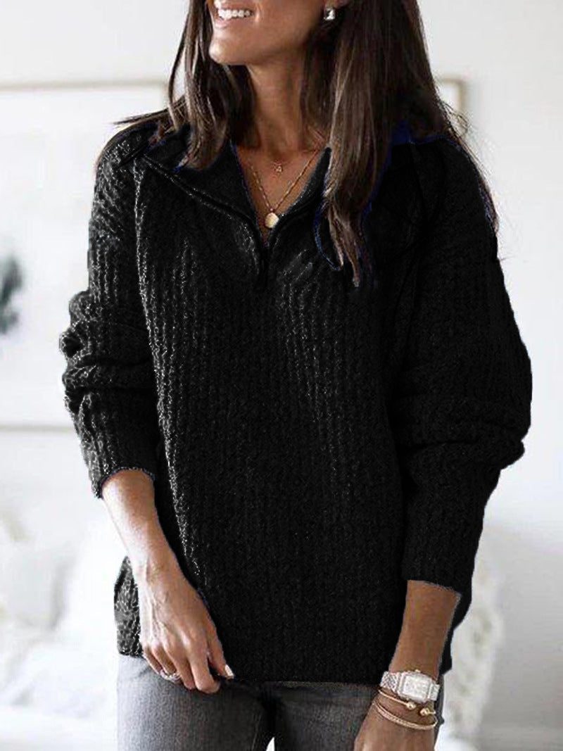 Women's Textured Jumper with Half-Zip Stand Collar, Black, view 5