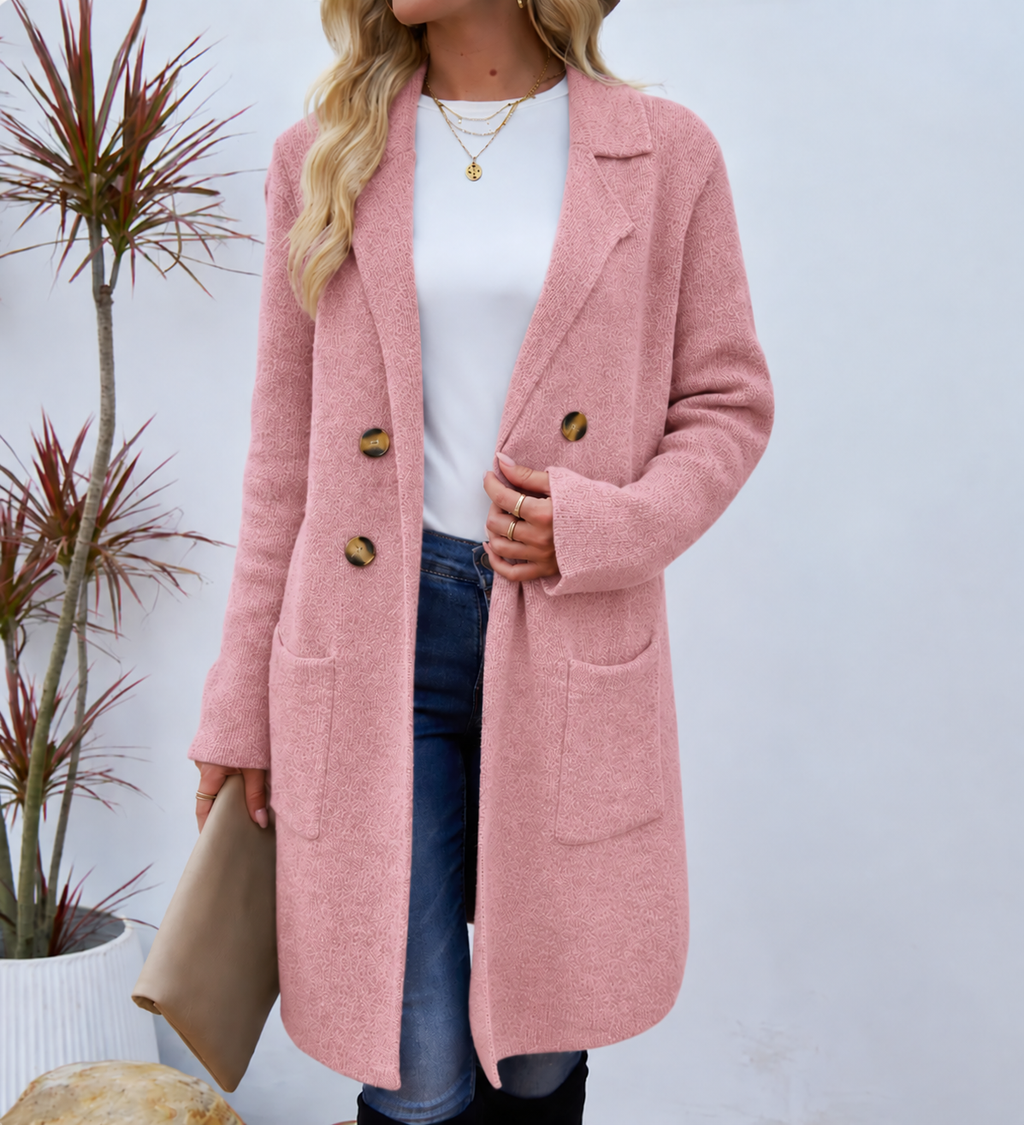 Women's Textured Knit Coat with Gold-Tone Buttons, Pink, view 2