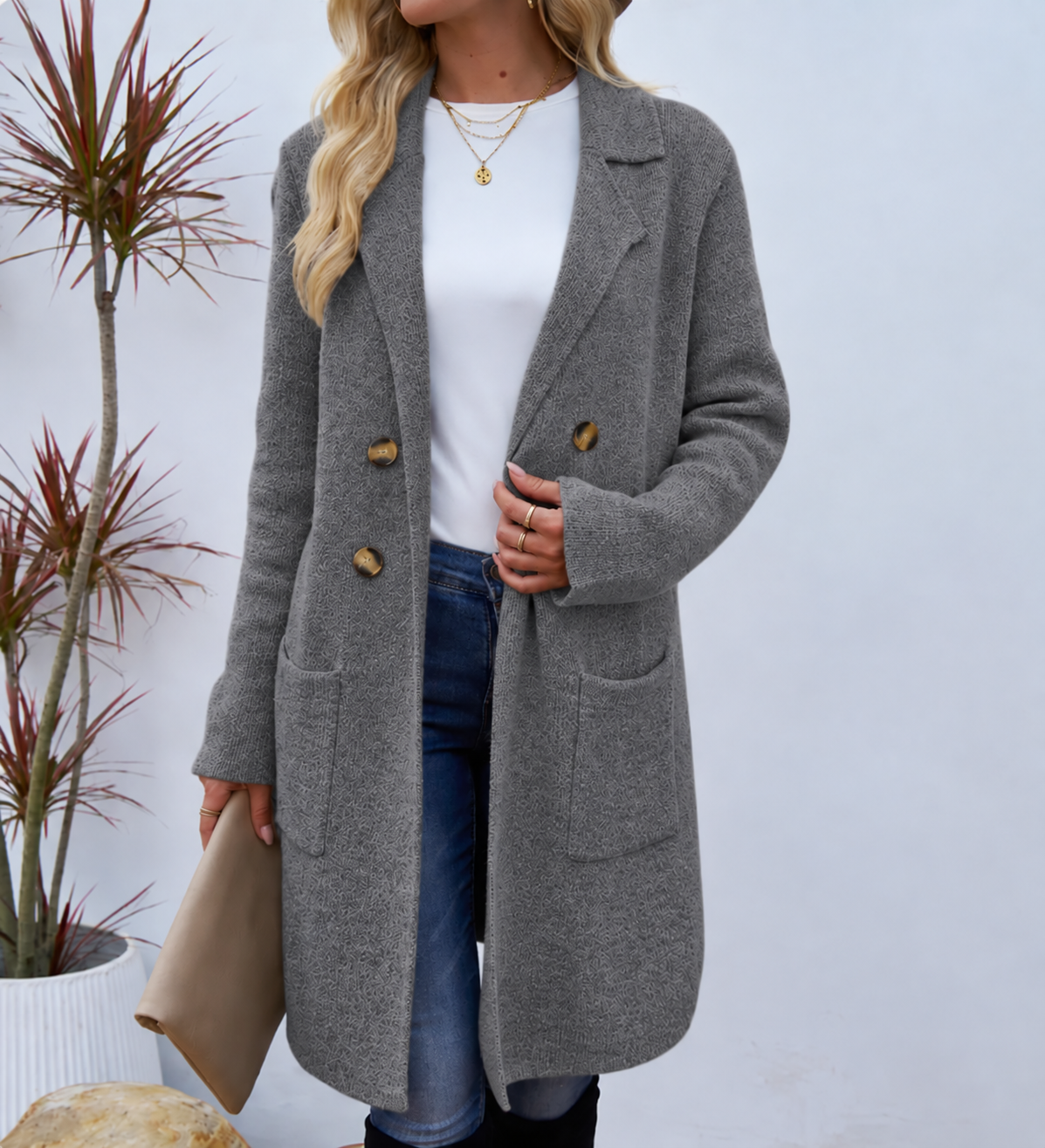 Women's Textured Knit Coat with Gold-Tone Buttons, Grey, view 3
