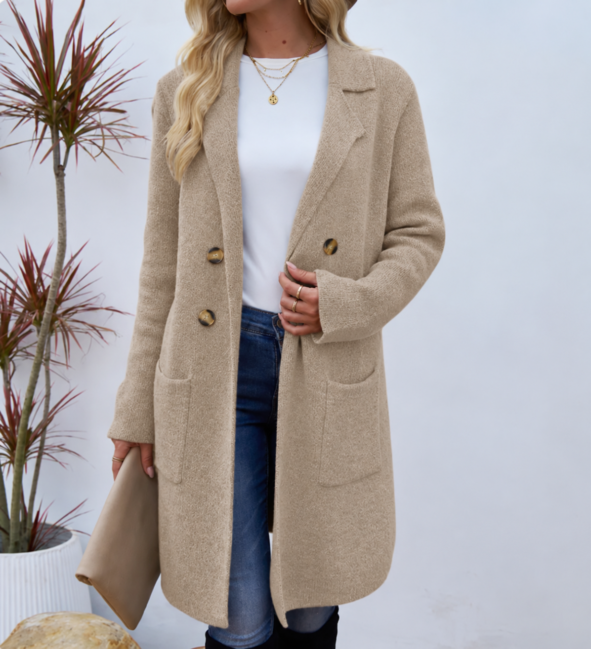 Women's Textured Knit Coat with Gold-Tone Buttons, Beige, view 4