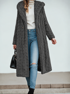 Women's Textured Plush Maxi Coat with Wide Collar, Grey, view 3