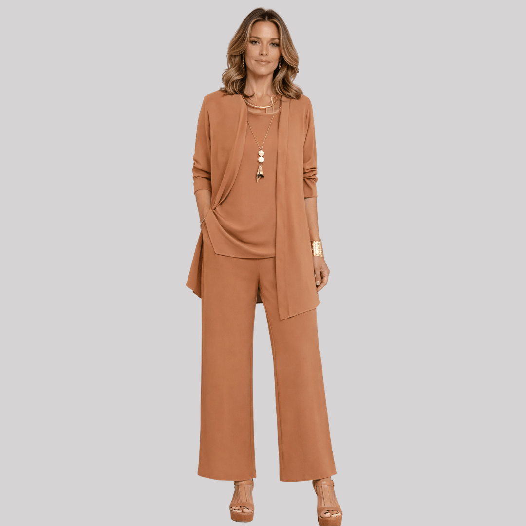 Women's Three-Piece Trouser Suit with Longline Cardigan, Brown, view 1