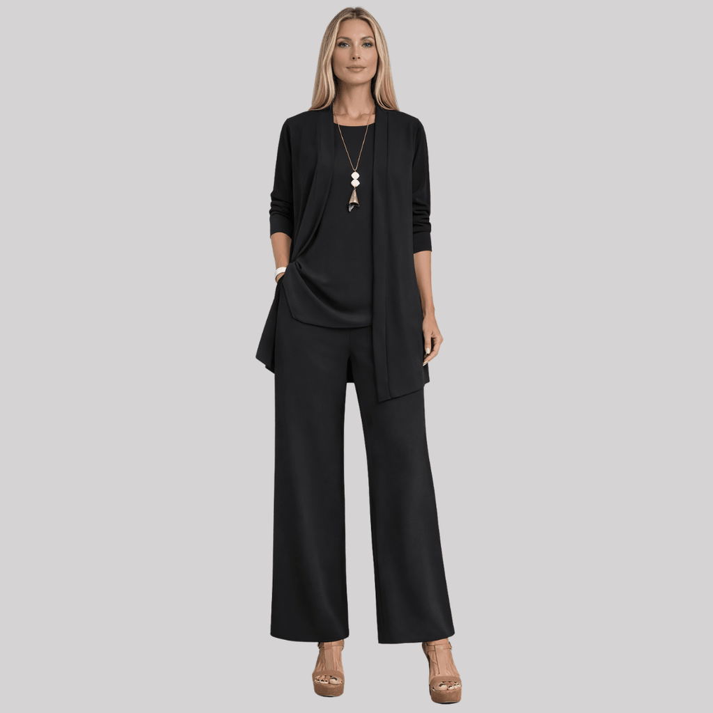 Women's Three-Piece Trouser Suit with Longline Cardigan, Black, view 2
