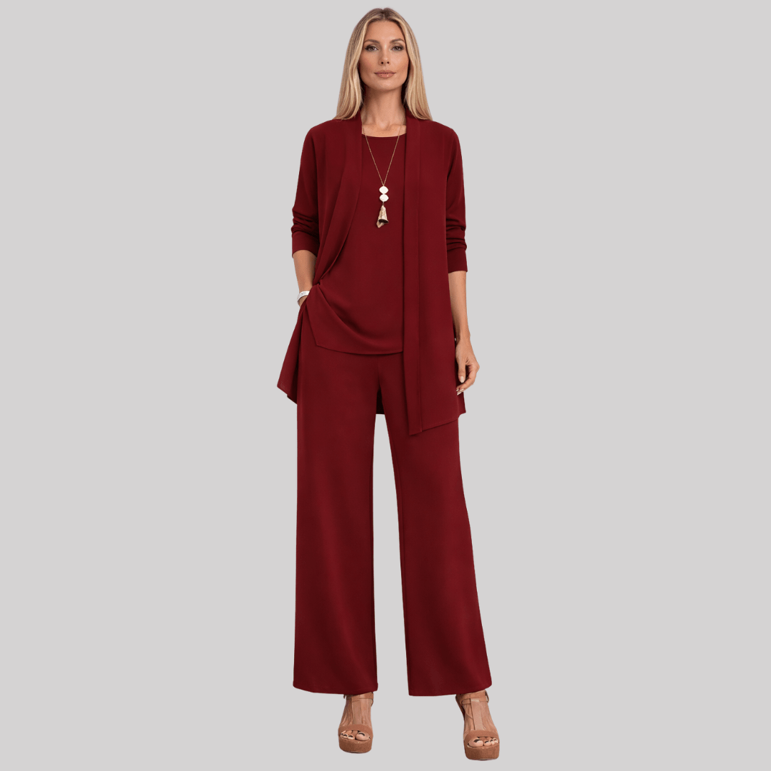 Women's Three-Piece Trouser Suit with Longline Cardigan, Wine Red, view 3