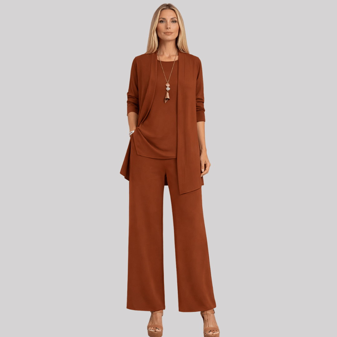 Women's Three-Piece Trouser Suit with Longline Cardigan, Dark Brown, view 5