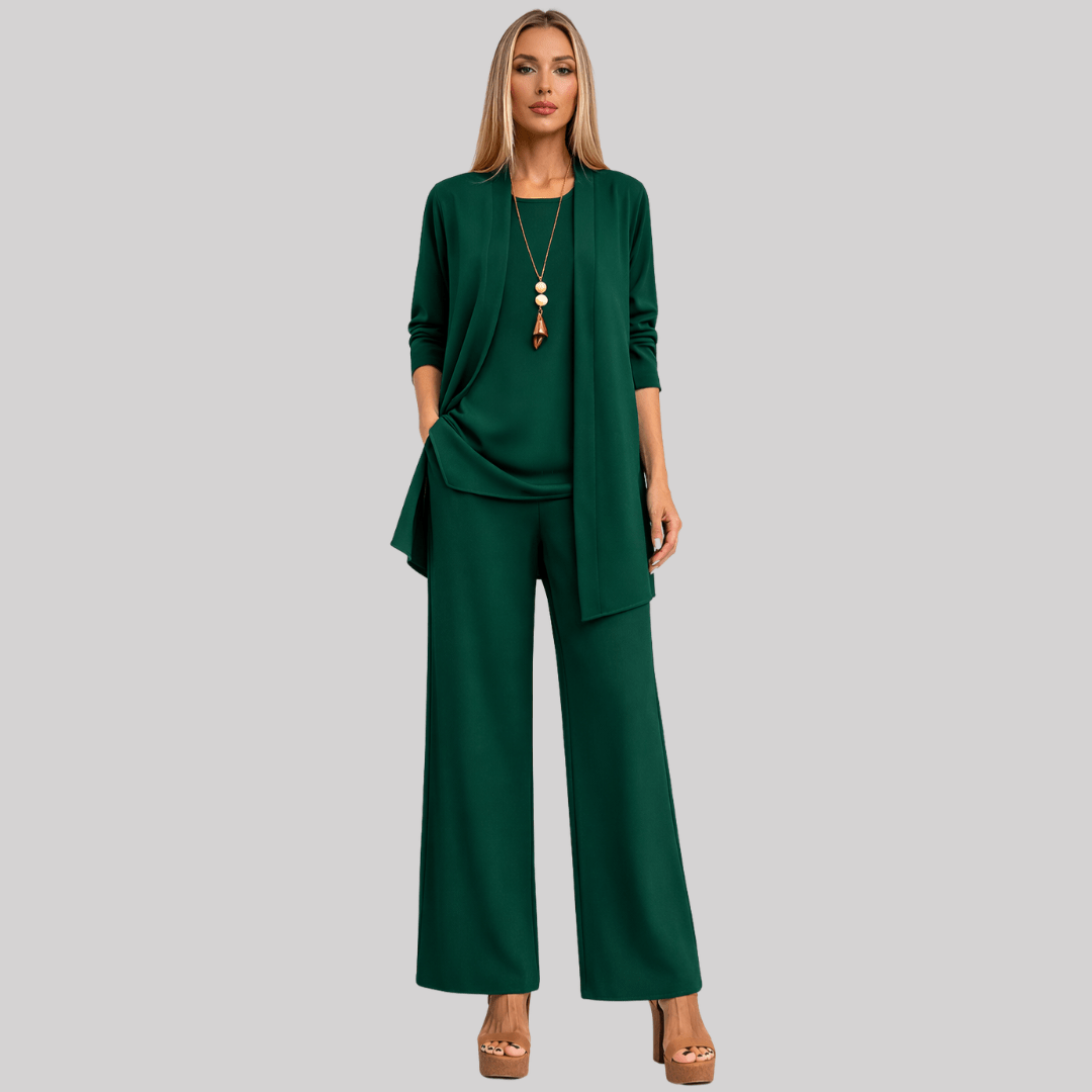 Women's Three-Piece Trouser Suit with Longline Cardigan, Dark Green, view 8