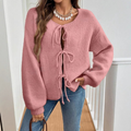 Women's Tie-Front Knit Cardigan with Puff Sleeves, Pink, view 1