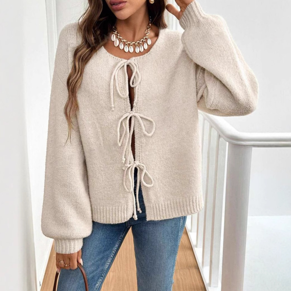 Women's Tie-Front Knit Cardigan with Puff Sleeves, Apricot, view 2