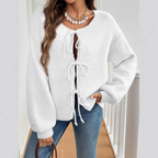 Women's Tie-Front Knit Cardigan with Puff Sleeves, white, view 3