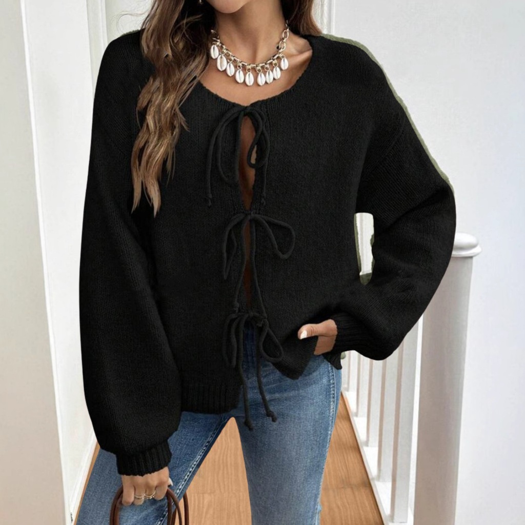 Women's Tie-Front Knit Cardigan with Puff Sleeves, Black, view 5