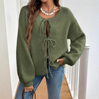 Women's Tie-Front Knit Cardigan with Puff Sleeves, Army Green, view 6