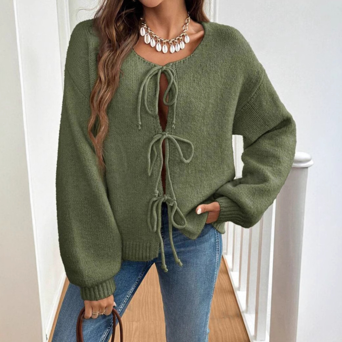 Women's Tie-Front Knit Cardigan with Puff Sleeves, Army Green, view 6