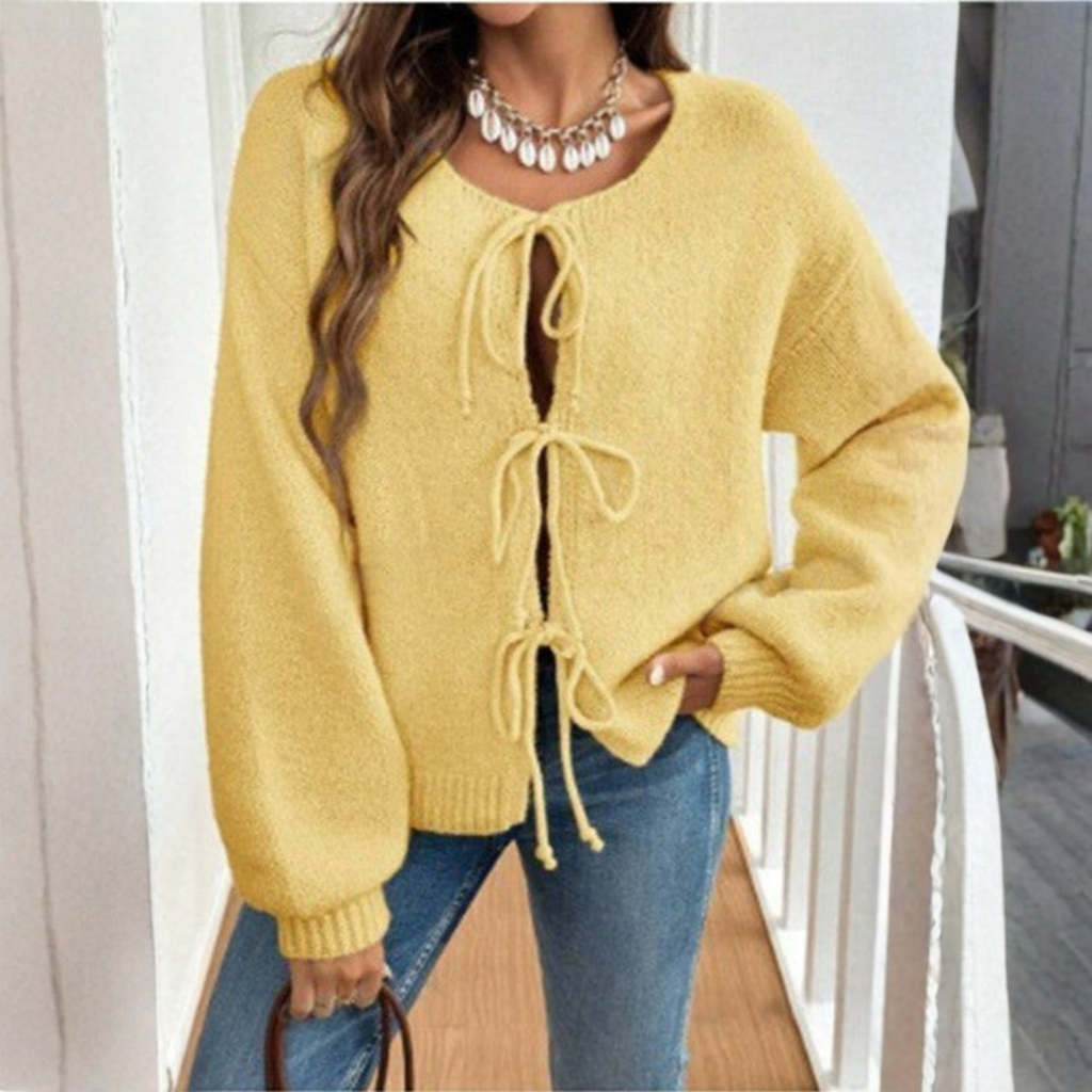 Women's Tie-Front Knit Cardigan with Puff Sleeves, Yellow, view 7