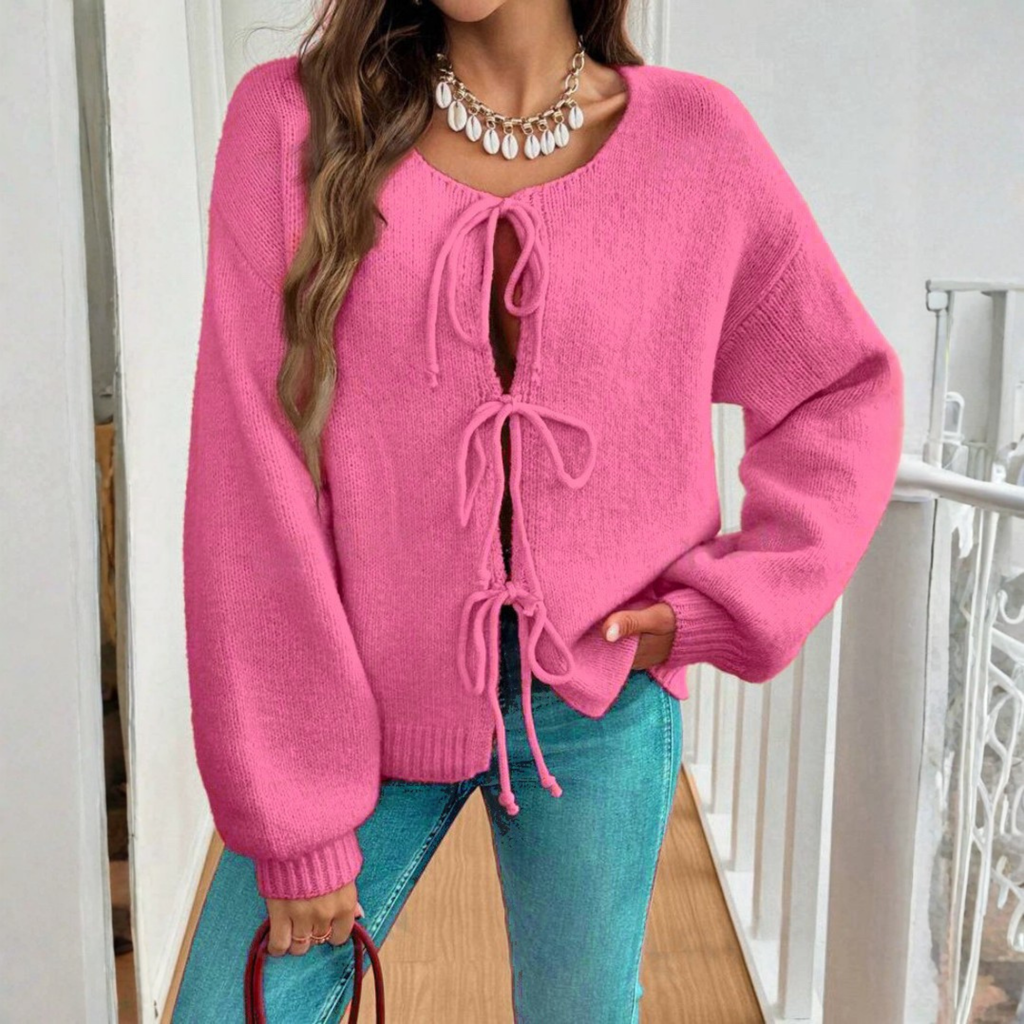 Women's Tie-Front Knit Cardigan with Puff Sleeves, Rose Pink, view 8