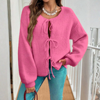 Women's Tie-Front Knit Cardigan with Puff Sleeves, Rose Pink, view 8