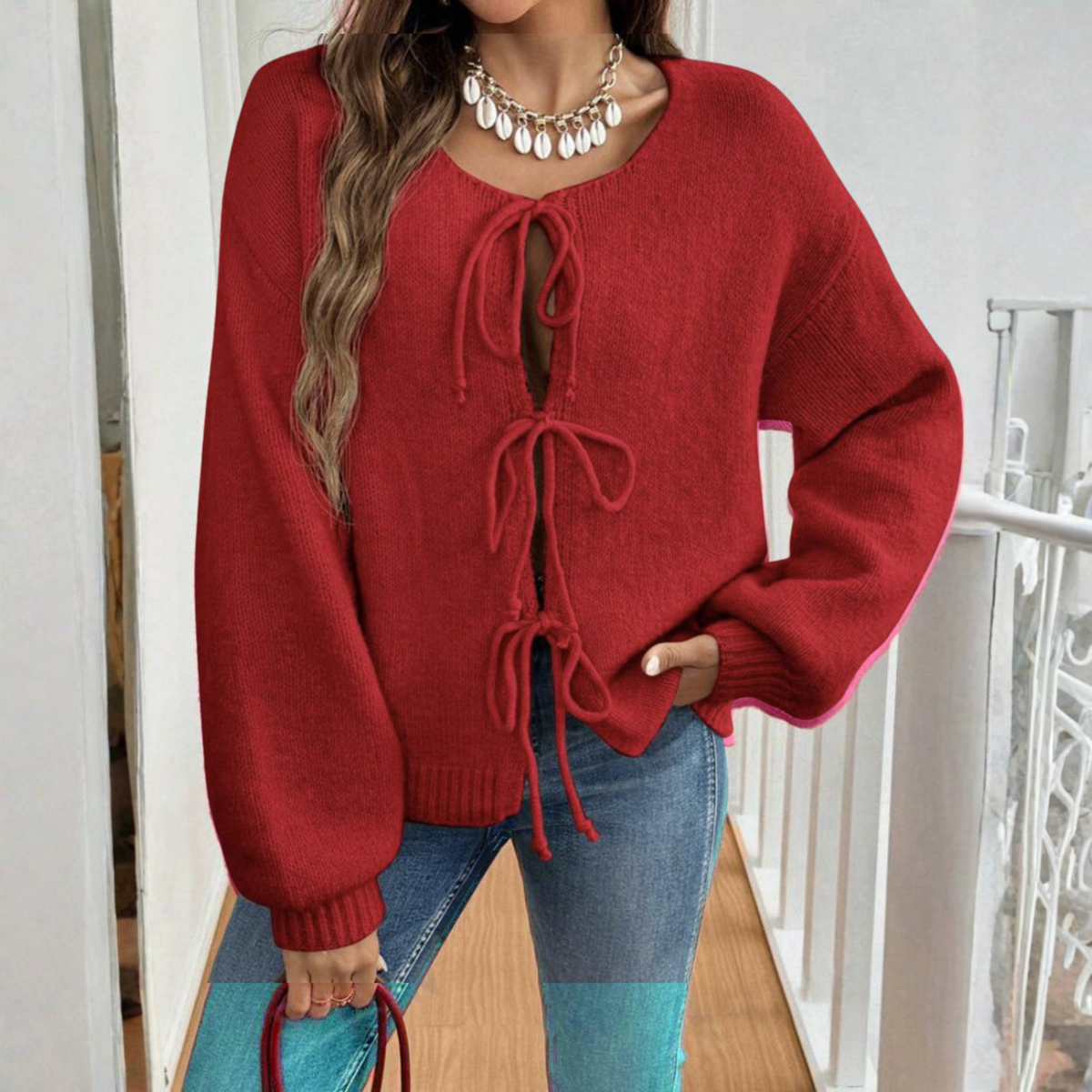 Women's Tie-Front Knit Cardigan with Puff Sleeves, Red, view 9