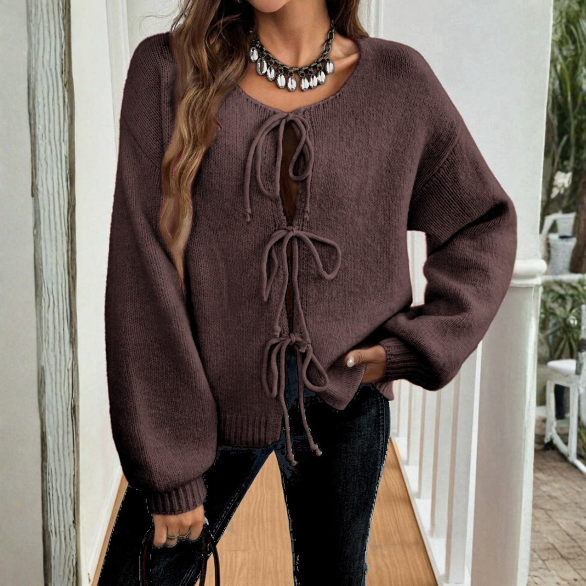 Women's Tie-Front Knit Cardigan with Puff Sleeves, Brown, view 11