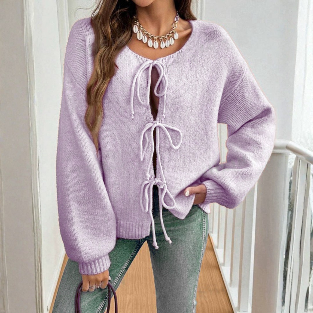 Women's Tie-Front Knit Cardigan with Puff Sleeves, Light Purple, view 12
