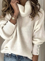 Women's Turtleneck Jumper with Button Cuffs, White, view 1
