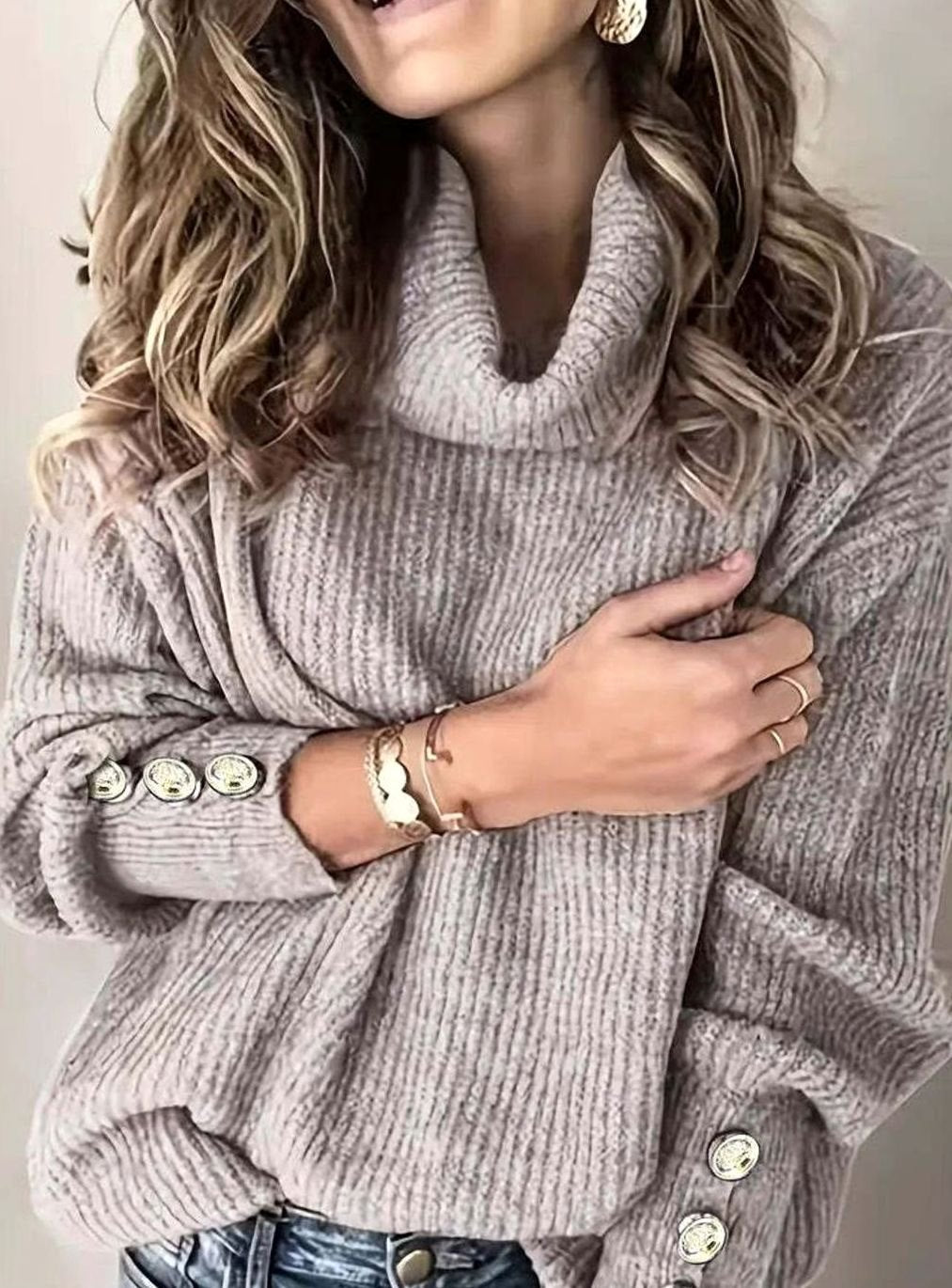 Women's Turtleneck Jumper with Button Cuffs, Grey, view 3