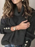 Women's Turtleneck Jumper with Button Cuffs, Black, view 4