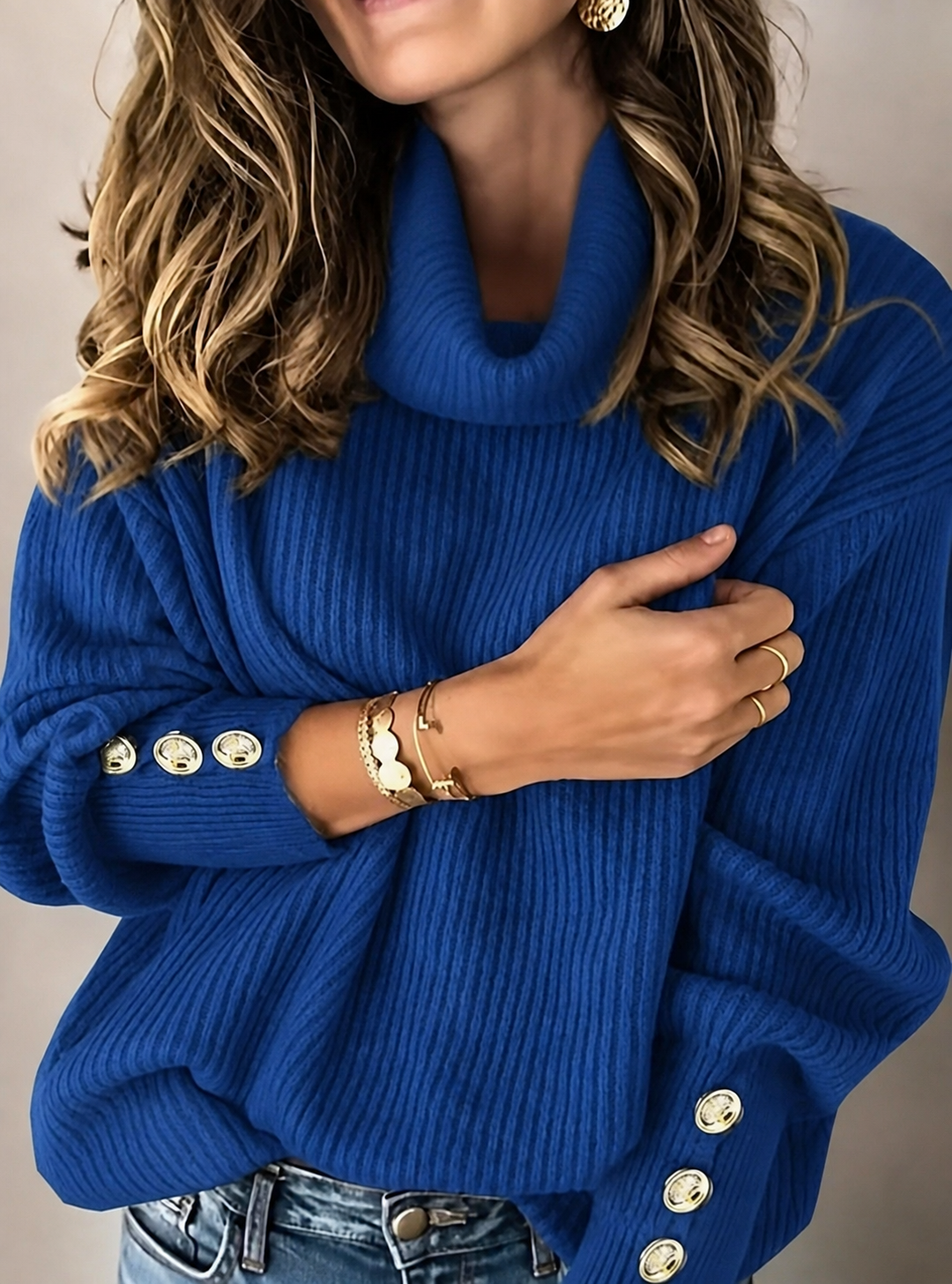 Women's Turtleneck Jumper with Button Cuffs, Blue, view 5