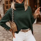 Women's Turtleneck Jumper with Gold-Button Cuffs, Green, view 2