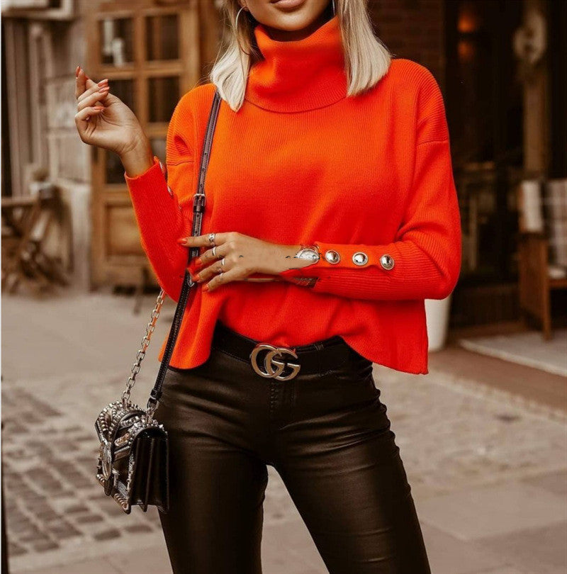 Women's Turtleneck Jumper with Gold-Button Cuffs, Orange, view 4