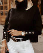 Women's Turtleneck Jumper with Gold-Button Cuffs, Black, view 6