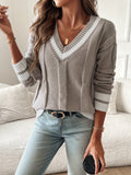 Women's V-Neck Cable-Knit Jumper with Stripe Trim, Taupe, view 1