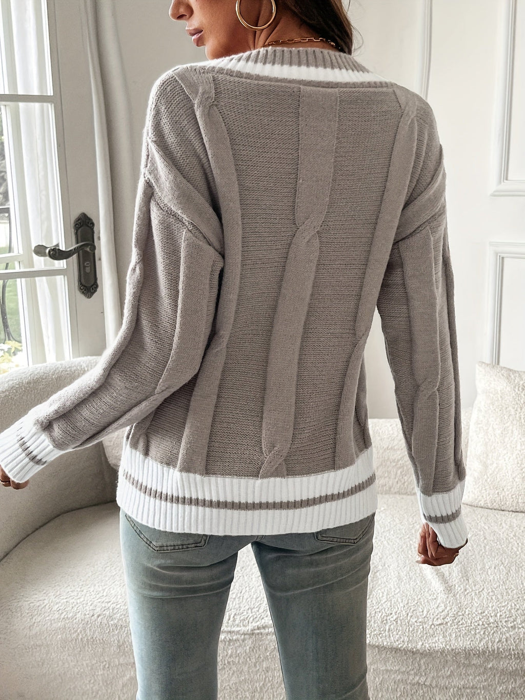 Women's V-Neck Cable-Knit Jumper with Stripe Trim, view 2