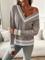 Women's V-Neck Cable-Knit Jumper with Stripe Trim, view 4