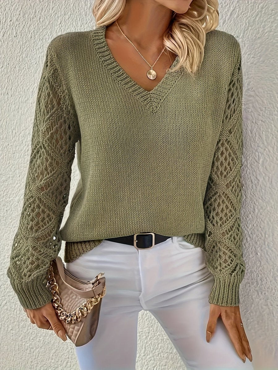 Women's V-Neck Jumper with Geometric Open-Knit Sleeves, Green, view 1