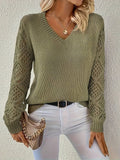 Women's V-Neck Jumper with Geometric Open-Knit Sleeves, Green, view 1