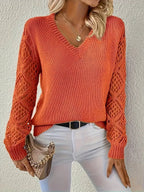 Women's V-Neck Jumper with Geometric Open-Knit Sleeves, Orange, view 2