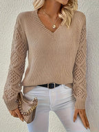 Women's V-Neck Jumper with Geometric Open-Knit Sleeves, Apricot, view 3