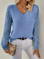 Women's V-Neck Jumper with Geometric Open-Knit Sleeves, Blue, view 5