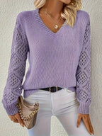 Women's V-Neck Jumper with Geometric Open-Knit Sleeves, Purple, view 7