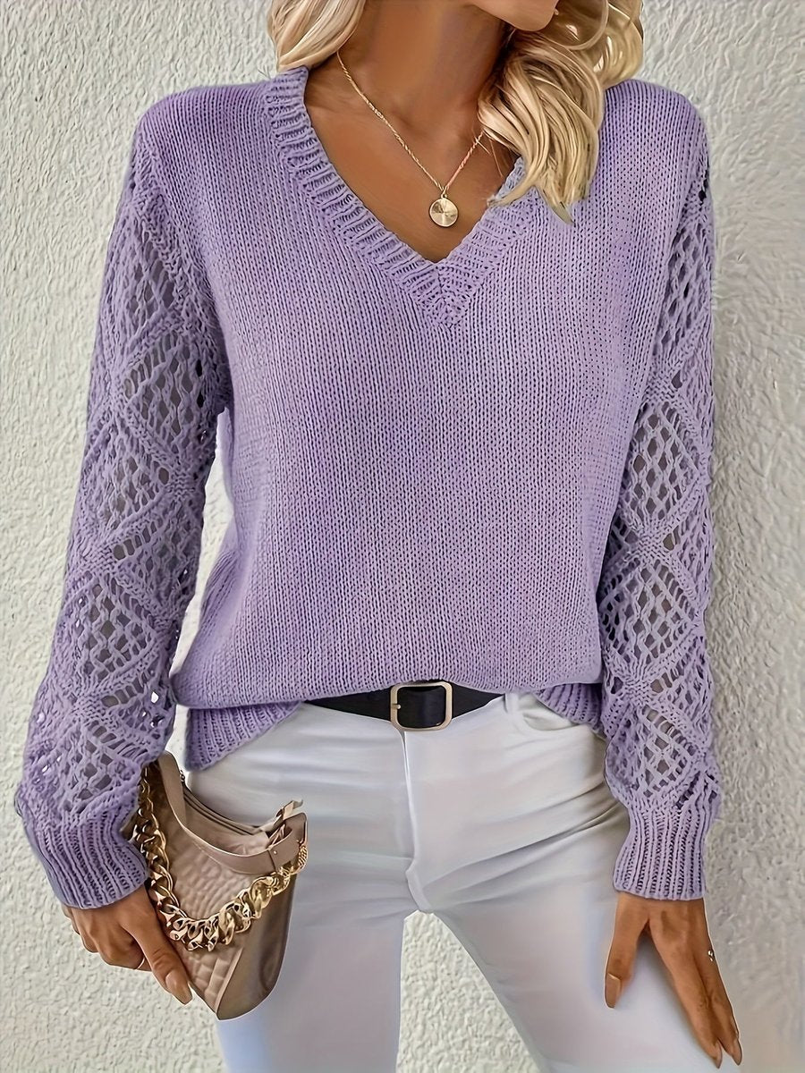 Women's V-Neck Jumper with Geometric Open-Knit Sleeves, Purple, view 7