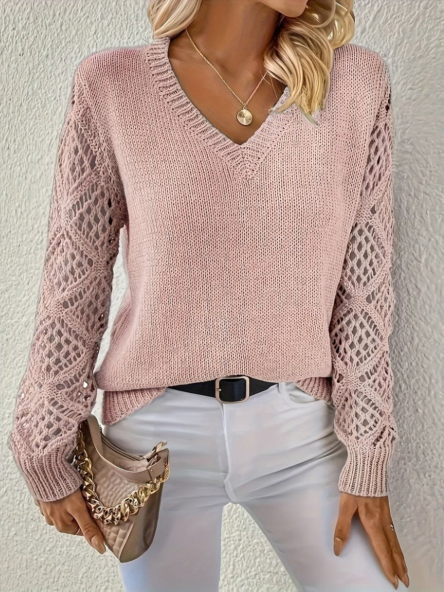 Women's V-Neck Jumper with Geometric Open-Knit Sleeves, Pink, view 8