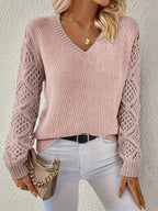 Women's V-Neck Jumper with Geometric Open-Knit Sleeves, Pink, view 8