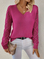 Women's V-Neck Jumper with Geometric Open-Knit Sleeves, Dark Pink, view 9