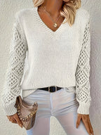 Women's V-Neck Jumper with Geometric Open-Knit Sleeves, White, view 10