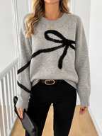 Women's V-Neck Jumper with Knitted Bow Detail, Grey, view 1