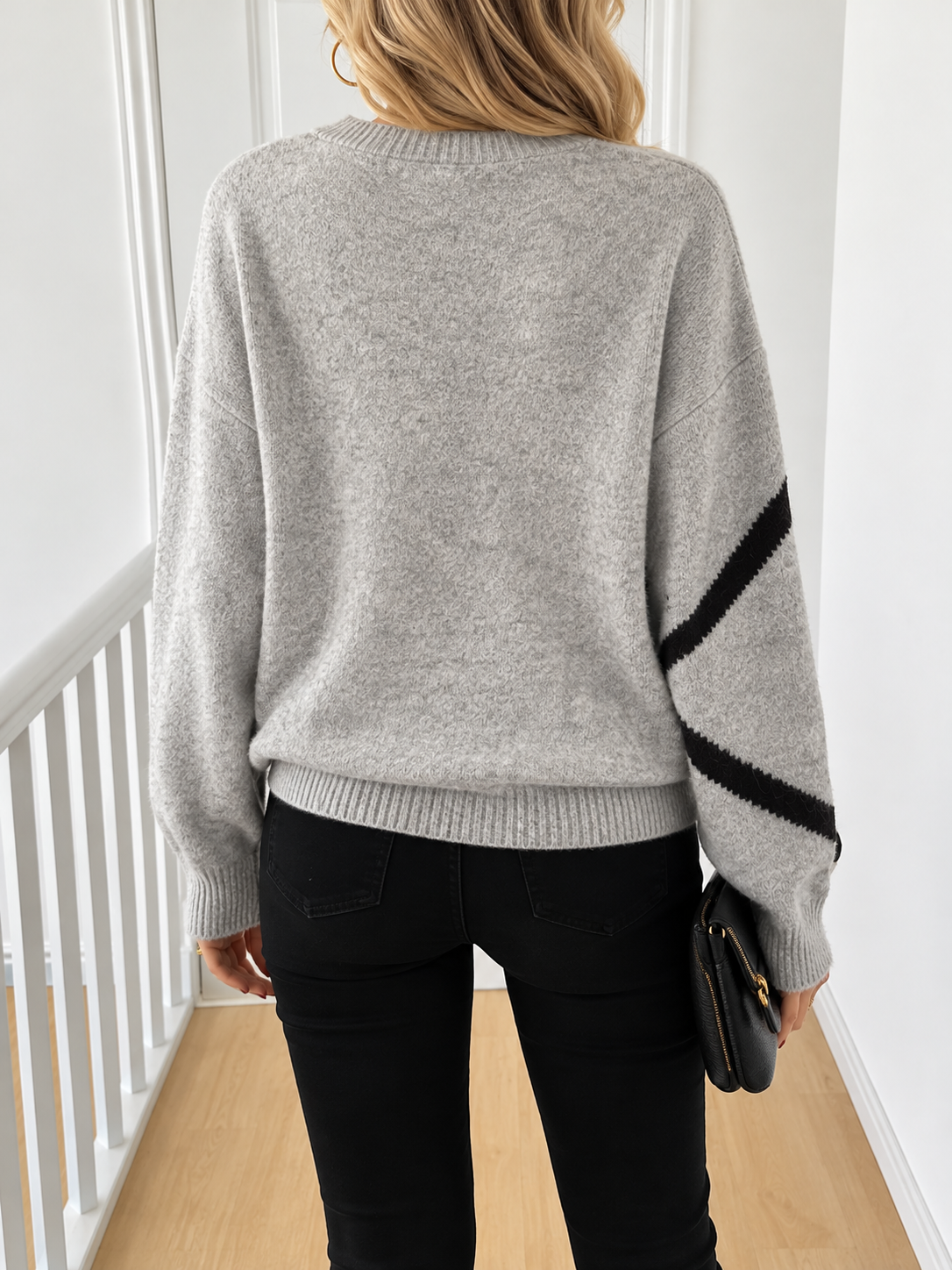 Women's V-Neck Jumper with Knitted Bow Detail, view 2